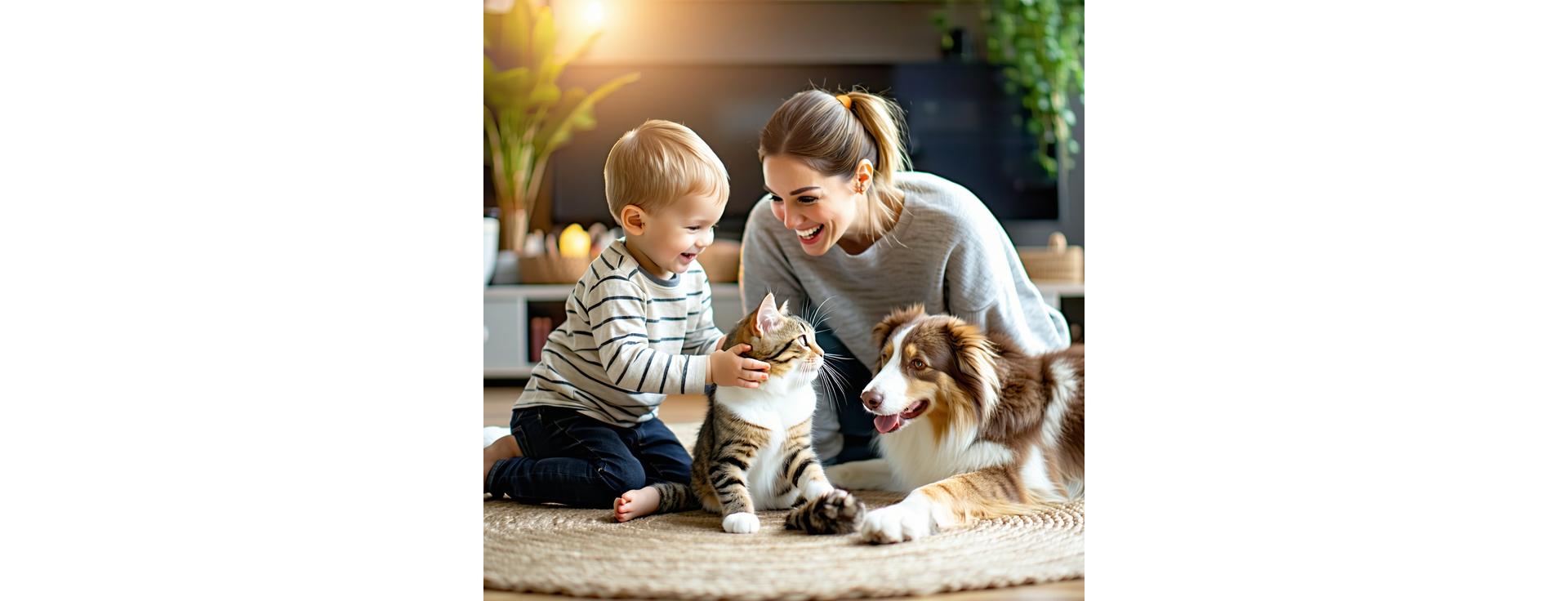親子がペット（犬と猫）と遊んでいる様子